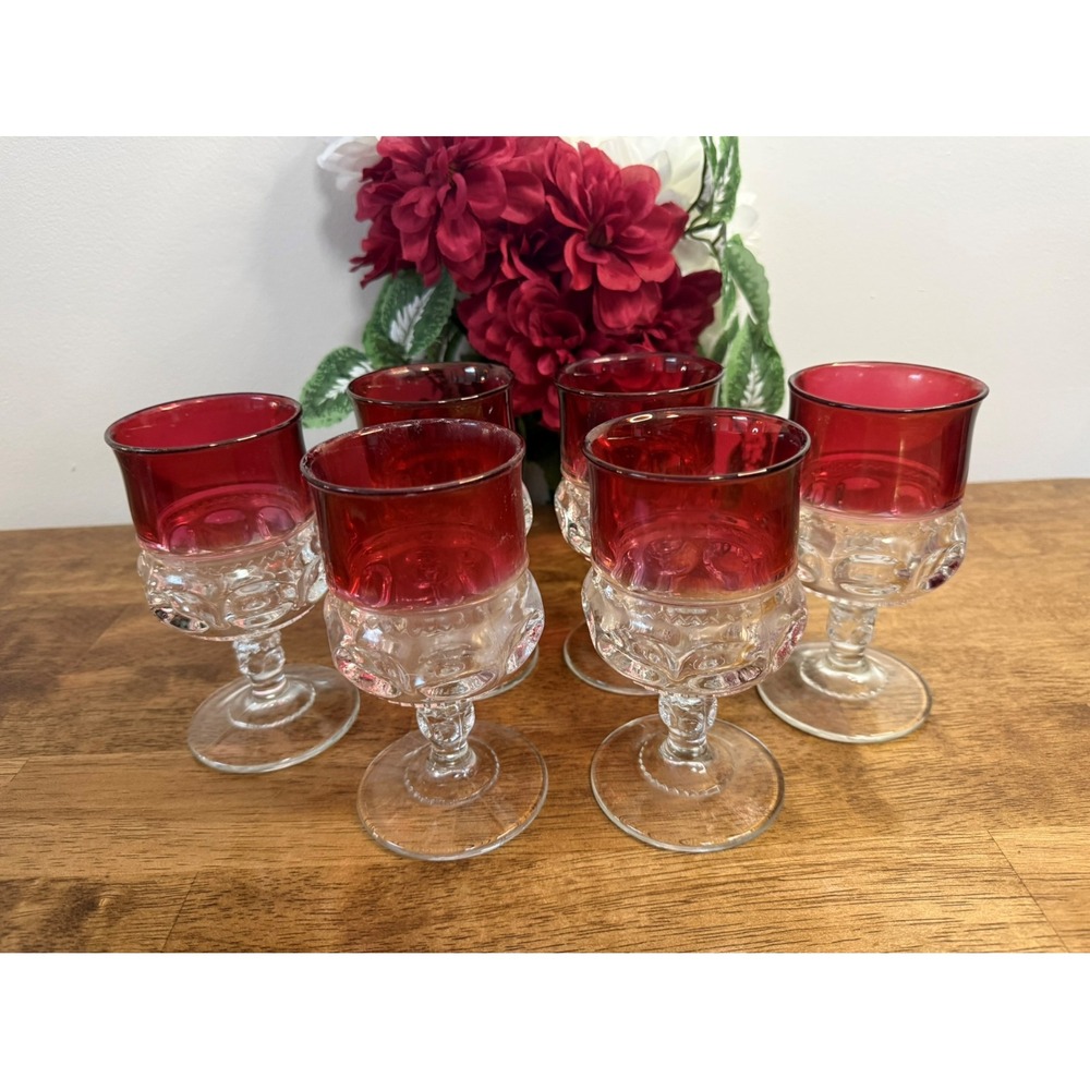 Vintage Ruby Flash Kings Crown Goblets Holiday Barware‎ Set MCM Bar Cart Hosting